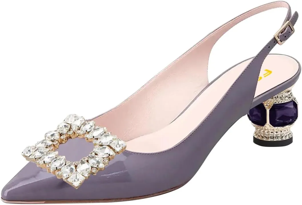 FSJ Women Fashion Crystal Square Buckle Closed Pointed Toe Slingback Pumps Rhinestone Block Low Heel Sandals Party Prom Dress Shoes Size 4-16 US