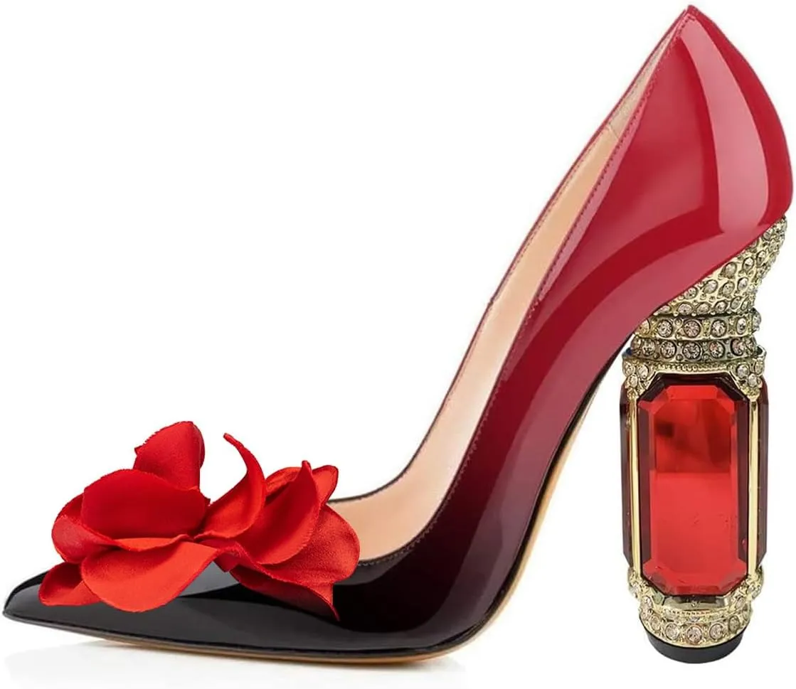 FSJ Women Flower Pumps Pointed Toe Slip On Crystal High Heels Bride Chunky Block Rhinestone Evening Dress Wedding Shoes Size 4-16 US