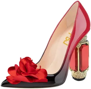 FSJ Women Flower Pumps Pointed Toe Slip On Crystal High Heels Bride Chunky Block Rhinestone Evening Dress Wedding Shoes Size 4-16 US