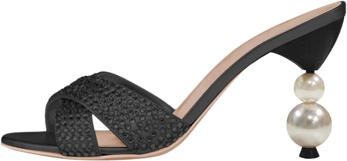 FSJ Women Rhinestone Heeled Sandals Open Peep Toe Pearls Heel Cross Strap Elegant Mule Slip On Wedding Party High Heel Slippers Size 4-16 US