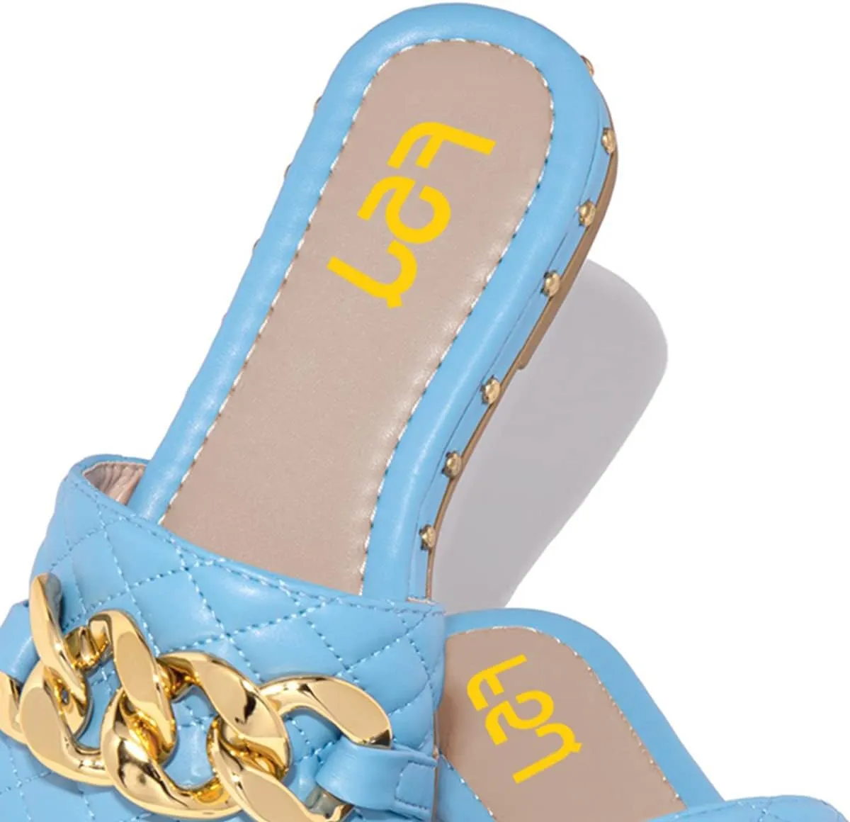 FSJ Women Sexy Square Open Toe Comfortable Flat Thick Sole Cushion Sandals Fashion Gold Chain Style Slip On Slides Checkered Strap Studded Daily Ladies Summer Shoes Size 4-15 US