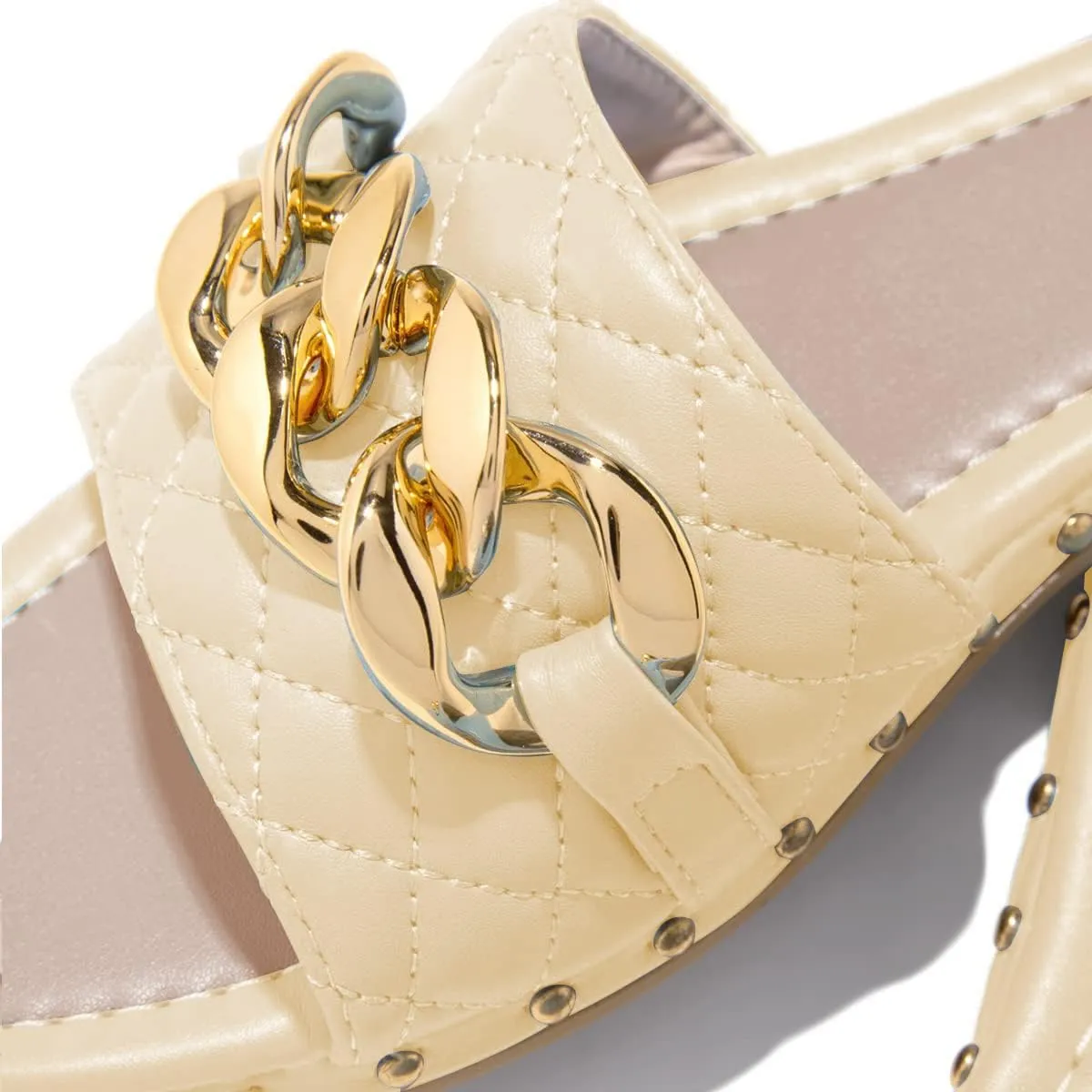 FSJ Women Sexy Square Open Toe Comfortable Flat Thick Sole Cushion Sandals Fashion Gold Chain Style Slip On Slides Checkered Strap Studded Daily Ladies Summer Shoes Size 4-15 US