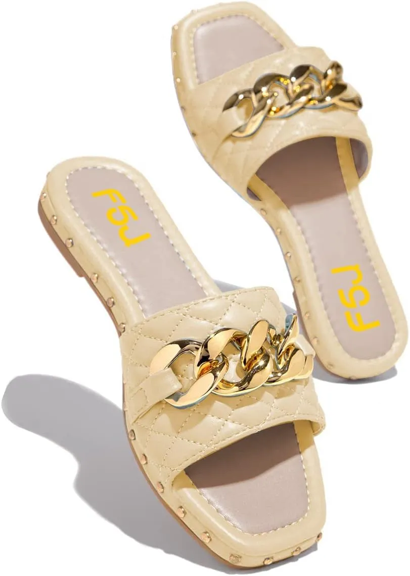 FSJ Women Sexy Square Open Toe Comfortable Flat Thick Sole Cushion Sandals Fashion Gold Chain Style Slip On Slides Checkered Strap Studded Daily Ladies Summer Shoes Size 4-15 US