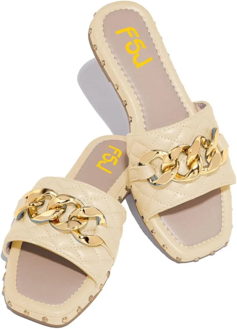 FSJ Women Sexy Square Open Toe Comfortable Flat Thick Sole Cushion Sandals Fashion Gold Chain Style Slip On Slides Checkered Strap Studded Daily Ladies Summer Shoes Size 4-15 US