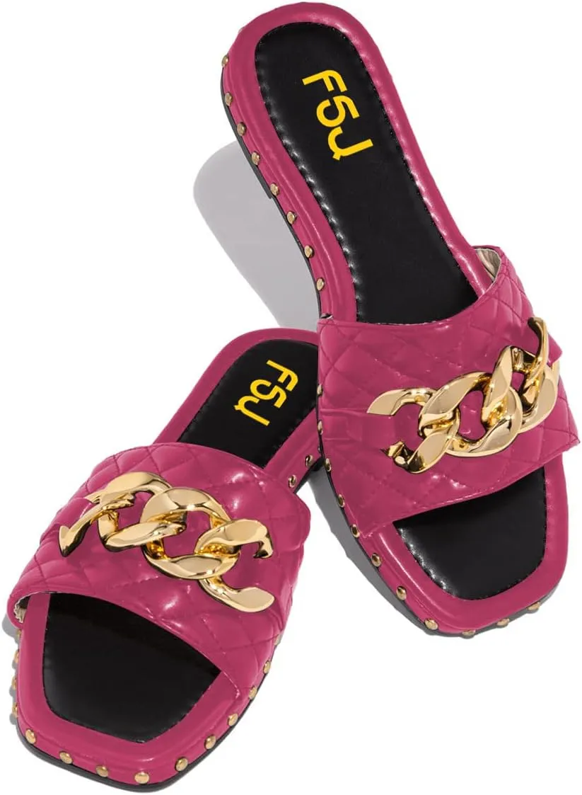 FSJ Women Sexy Square Open Toe Comfortable Flat Thick Sole Cushion Sandals Fashion Gold Chain Style Slip On Slides Checkered Strap Studded Daily Ladies Summer Shoes Size 4-15 US