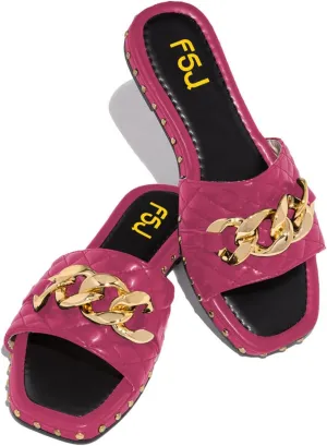FSJ Women Sexy Square Open Toe Comfortable Flat Thick Sole Cushion Sandals Fashion Gold Chain Style Slip On Slides Checkered Strap Studded Daily Ladies Summer Shoes Size 4-15 US