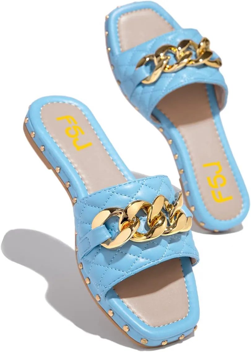FSJ Women Sexy Square Open Toe Comfortable Flat Thick Sole Cushion Sandals Fashion Gold Chain Style Slip On Slides Checkered Strap Studded Daily Ladies Summer Shoes Size 4-15 US