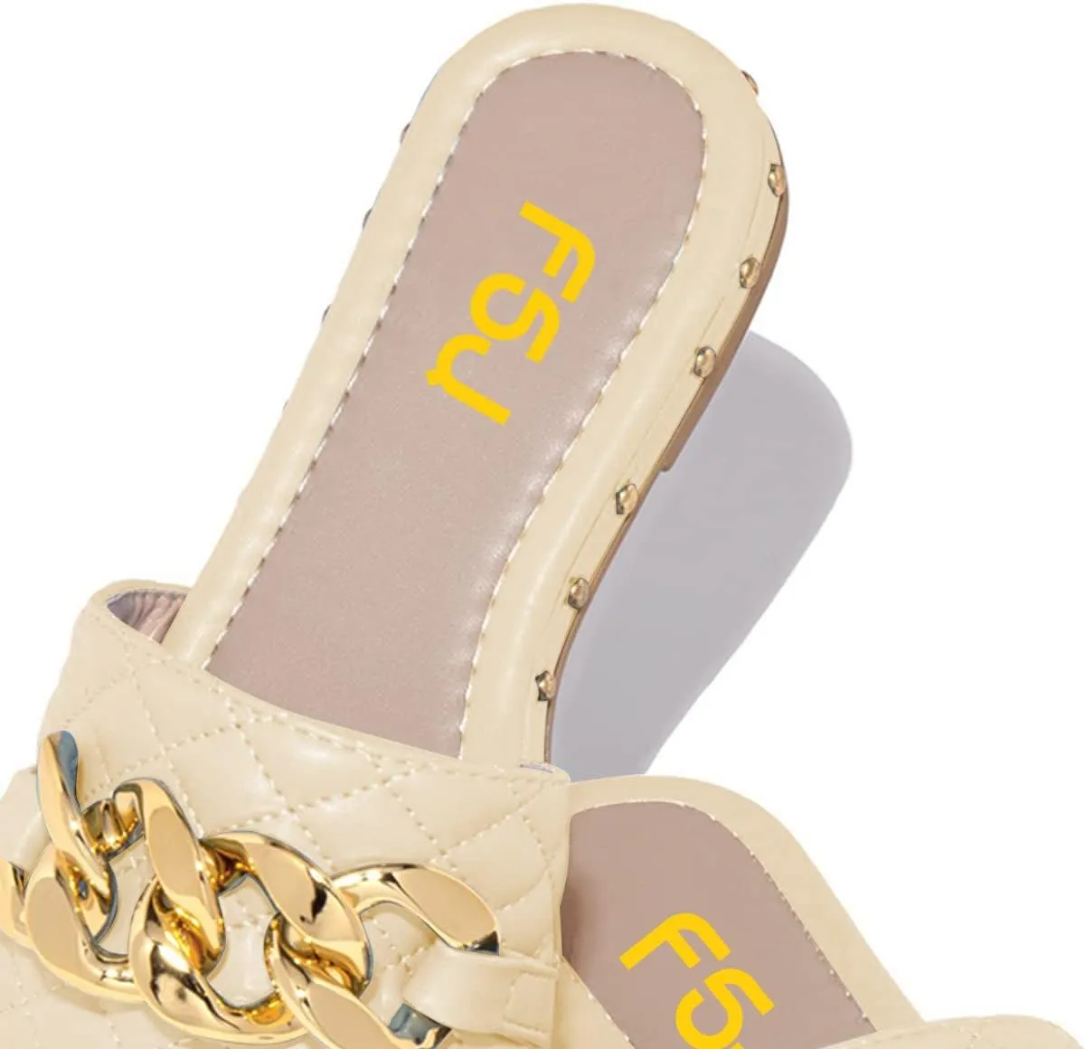 FSJ Women Sexy Square Open Toe Comfortable Flat Thick Sole Cushion Sandals Fashion Gold Chain Style Slip On Slides Checkered Strap Studded Daily Ladies Summer Shoes Size 4-15 US