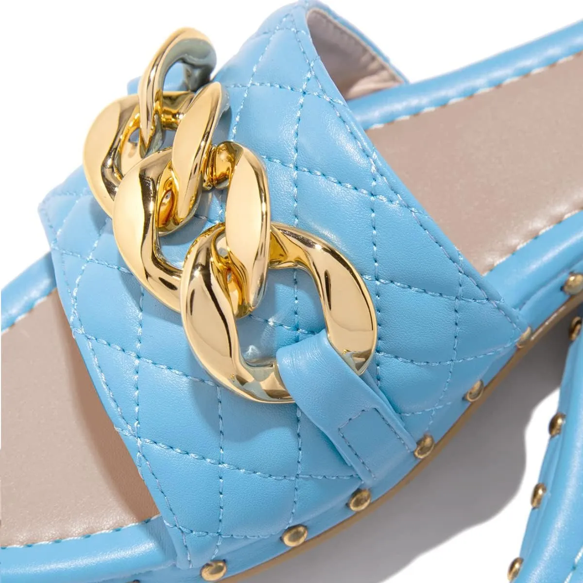 FSJ Women Sexy Square Open Toe Comfortable Flat Thick Sole Cushion Sandals Fashion Gold Chain Style Slip On Slides Checkered Strap Studded Daily Ladies Summer Shoes Size 4-15 US