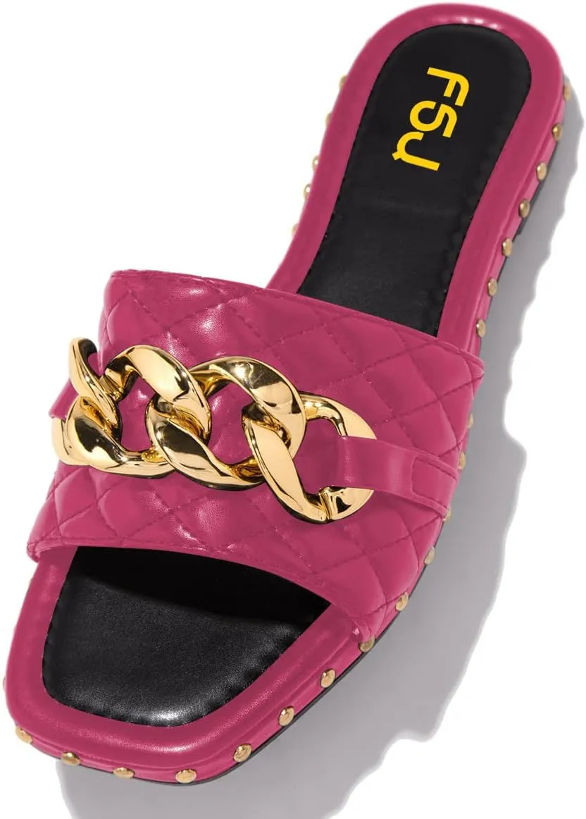 FSJ Women Sexy Square Open Toe Comfortable Flat Thick Sole Cushion Sandals Fashion Gold Chain Style Slip On Slides Checkered Strap Studded Daily Ladies Summer Shoes Size 4-15 US