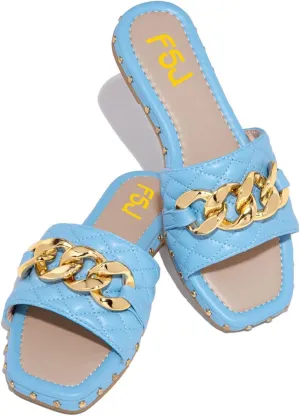 FSJ Women Sexy Square Open Toe Comfortable Flat Thick Sole Cushion Sandals Fashion Gold Chain Style Slip On Slides Checkered Strap Studded Daily Ladies Summer Shoes Size 4-15 US