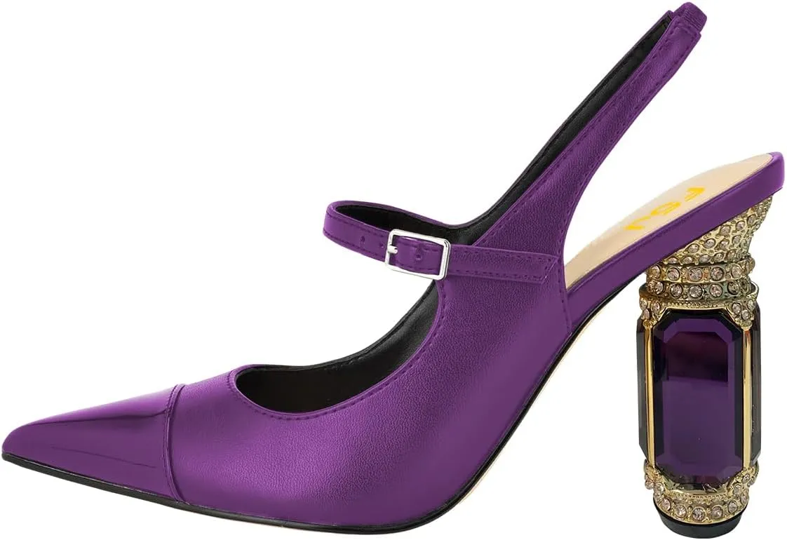 FSJ Women Slingback Crystal High Heel Pointed Closed Toe Ankle Strap Pumps Fashion Backless Dress Sandals Prom Party Shoes Size 4-16 US