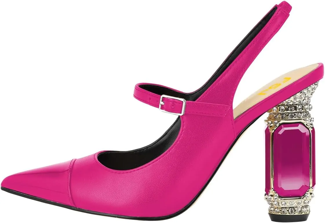 FSJ Women Slingback Crystal High Heel Pointed Closed Toe Ankle Strap Pumps Fashion Backless Dress Sandals Prom Party Shoes Size 4-16 US