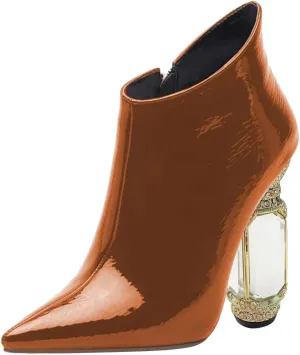 FSJ Women Trendy Ankle Boots Pointed Toe Comfy Chunky High Heel Sparkly Crystal Side Zipper Booties Wedding Party Shoes Size 4-16 US