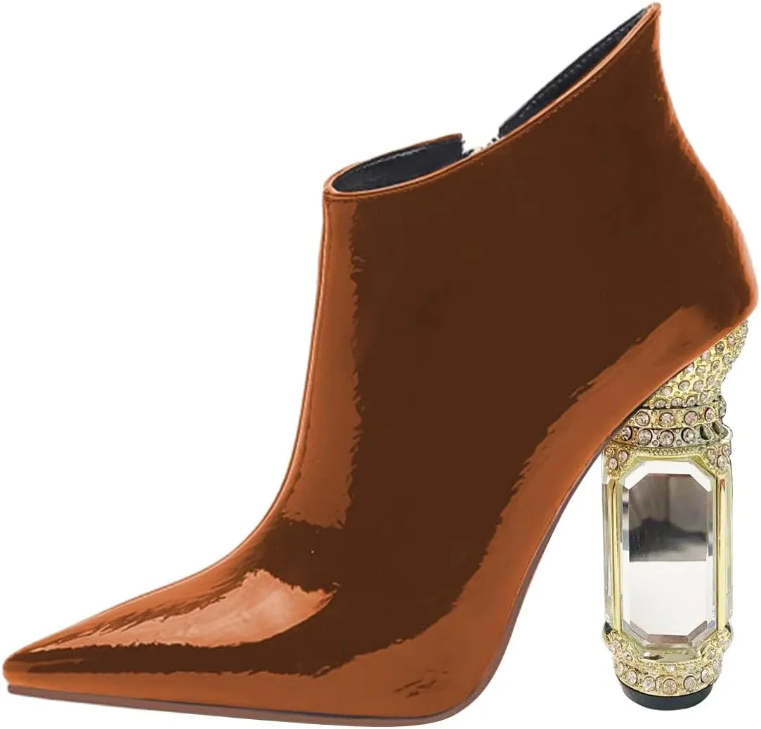 FSJ Women Trendy Ankle Boots Pointed Toe Comfy Chunky High Heel Sparkly Crystal Side Zipper Booties Wedding Party Shoes Size 4-16 US