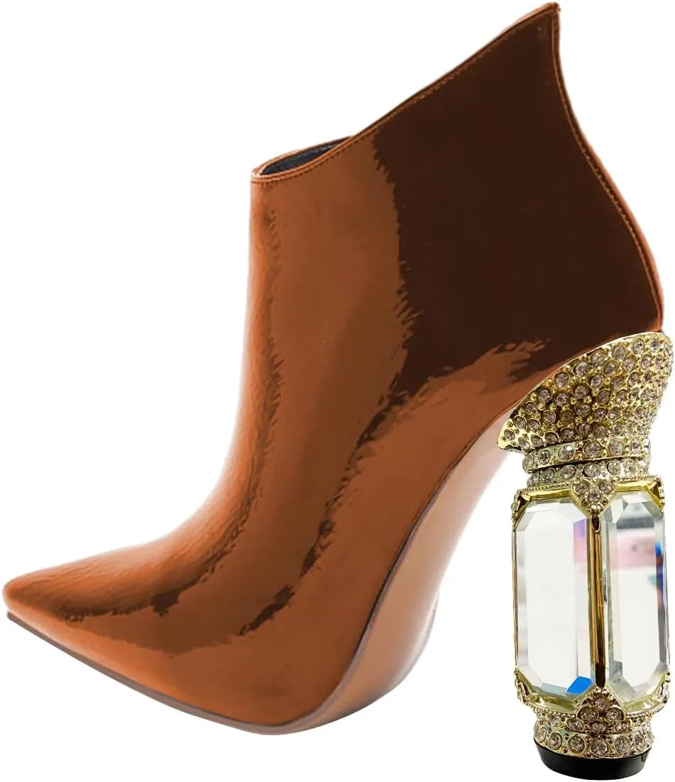 FSJ Women Trendy Ankle Boots Pointed Toe Comfy Chunky High Heel Sparkly Crystal Side Zipper Booties Wedding Party Shoes Size 4-16 US