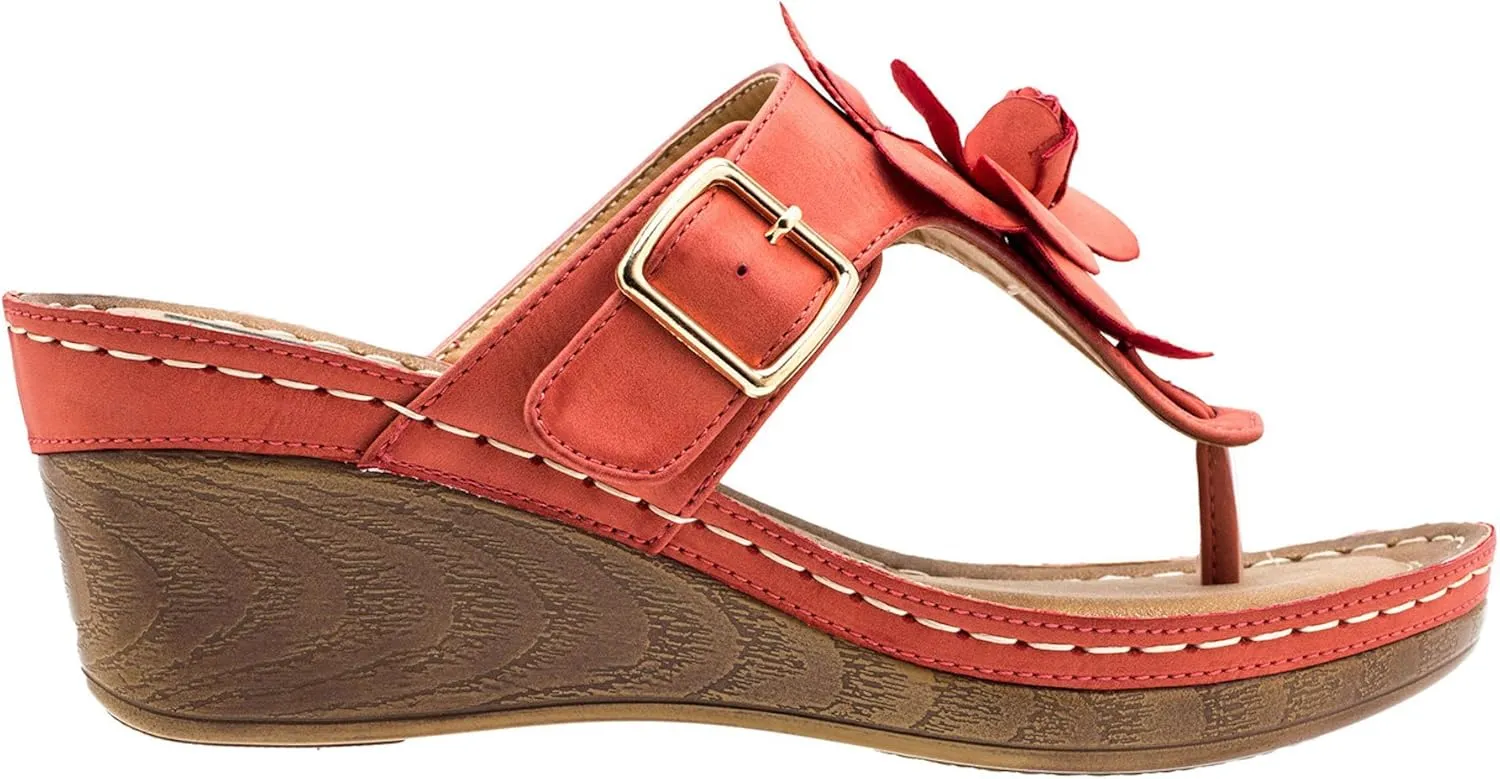 GC Shoes Womens Wedge Sandals, Open Toe Mid Heel Platform, Comfy Vegan Leather Flower Strap Thong, Flora