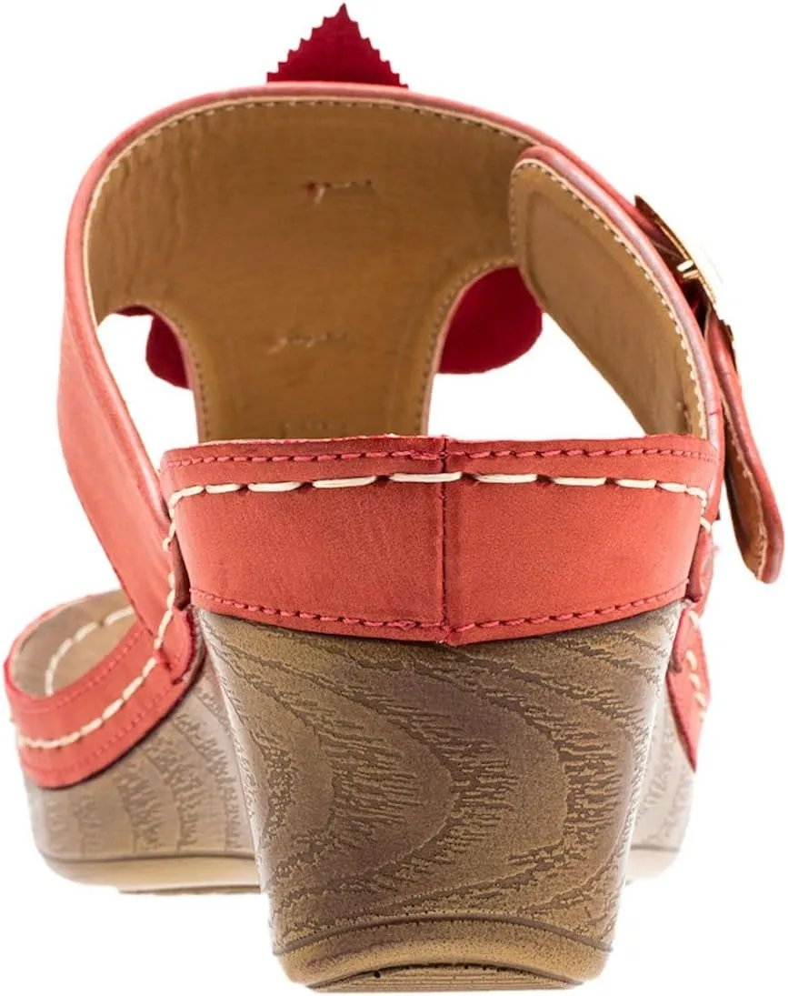 GC Shoes Womens Wedge Sandals, Open Toe Mid Heel Platform, Comfy Vegan Leather Flower Strap Thong, Flora