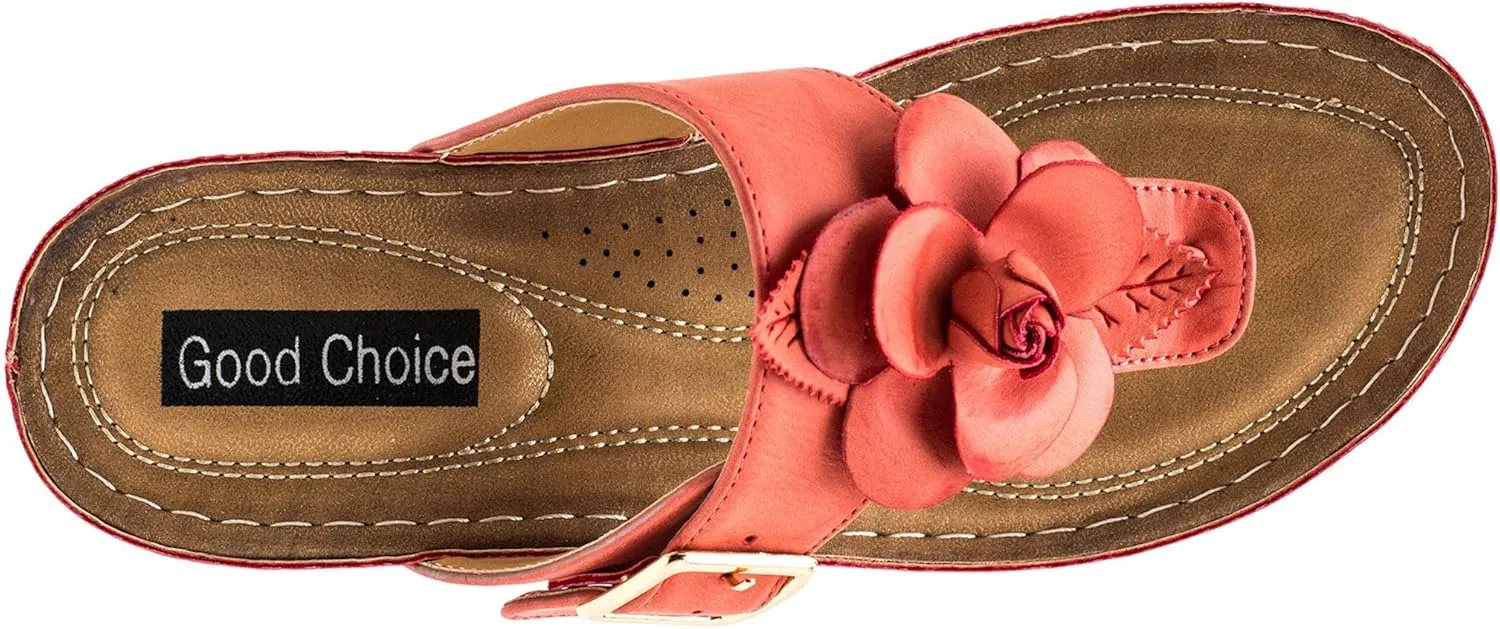 GC Shoes Womens Wedge Sandals, Open Toe Mid Heel Platform, Comfy Vegan Leather Flower Strap Thong, Flora