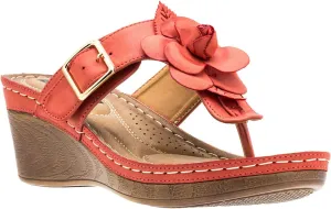 GC Shoes Womens Wedge Sandals, Open Toe Mid Heel Platform, Comfy Vegan Leather Flower Strap Thong, Flora