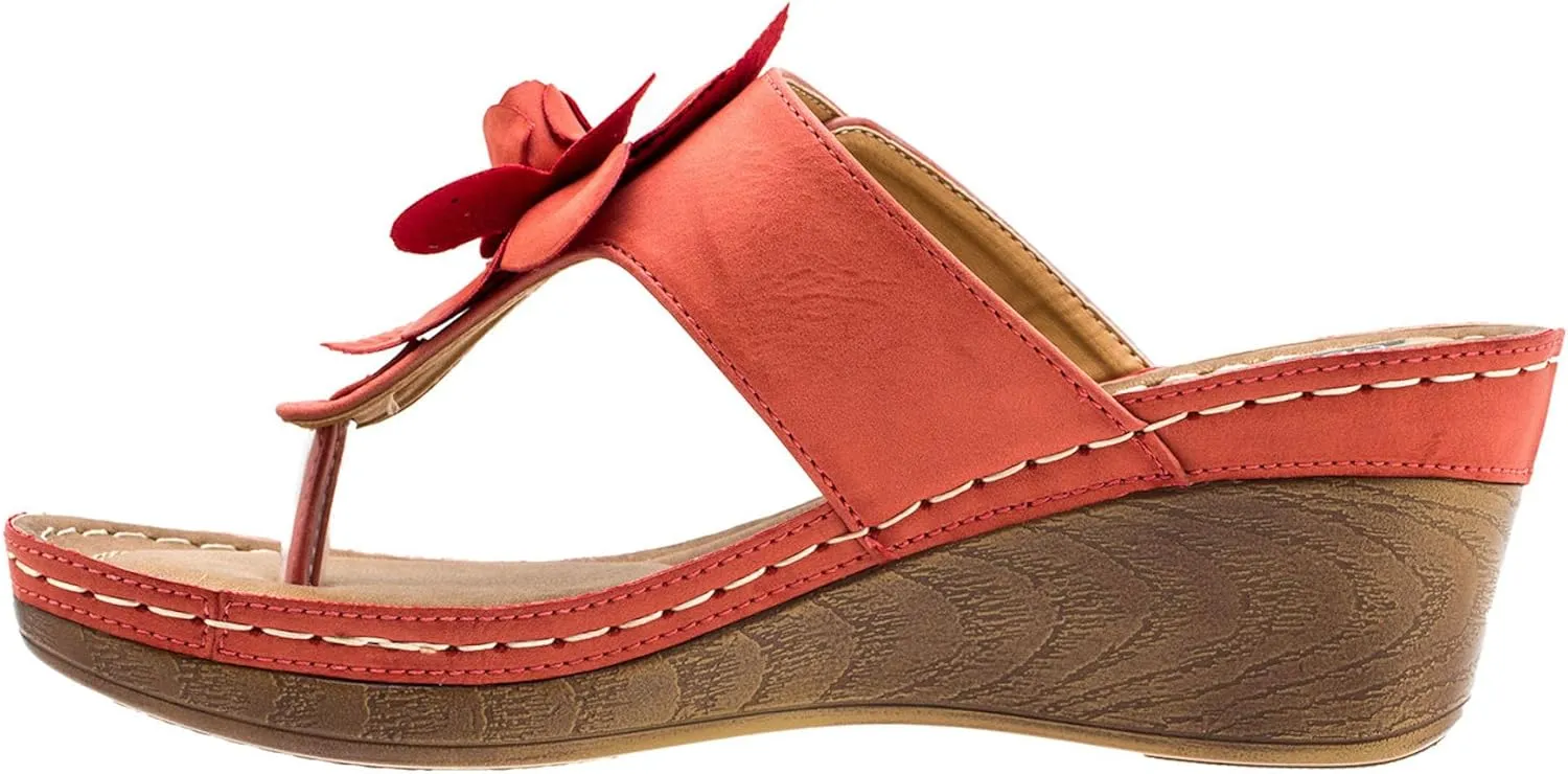 GC Shoes Womens Wedge Sandals, Open Toe Mid Heel Platform, Comfy Vegan Leather Flower Strap Thong, Flora