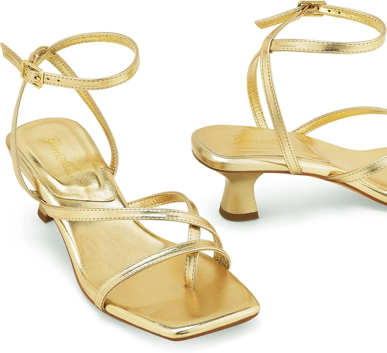 GENSHUO Women's Low Strappy Heels Sandals Open Square Toe Thong Dress Heels Comfortable Sexy Cute Ankle Strap Wedding Party Prom Summer Shoes