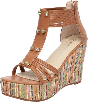 getmorebeauty Women's Wedge Sandals With Pearls Across The Top Platform Sandals High Heels