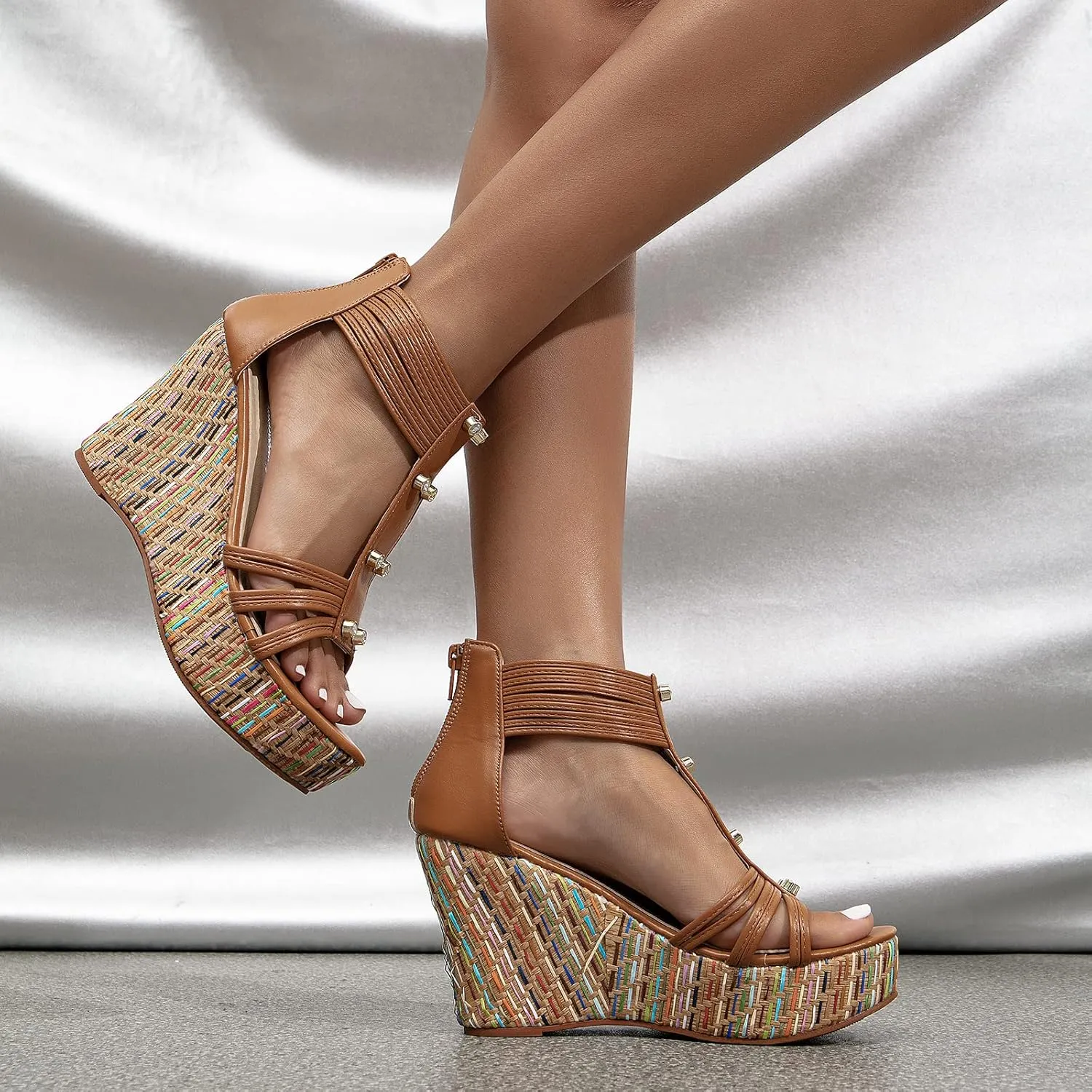 getmorebeauty Women's Wedge Sandals With Pearls Across The Top Platform Sandals High Heels