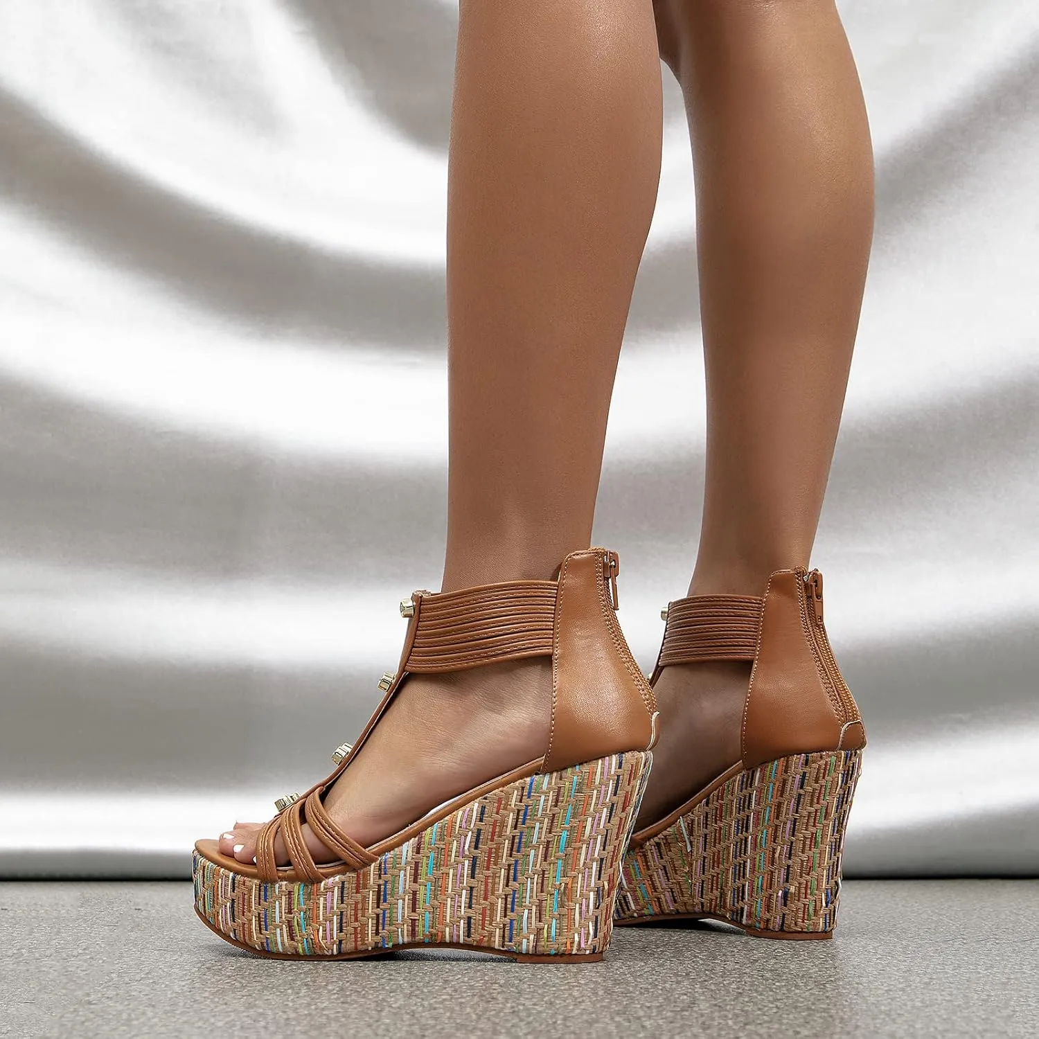 getmorebeauty Women's Wedge Sandals With Pearls Across The Top Platform Sandals High Heels