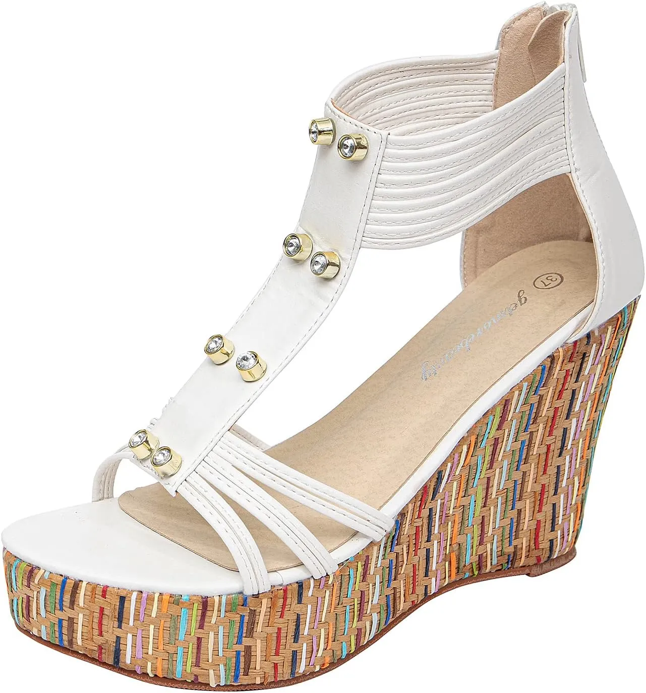 getmorebeauty Women's Wedge Sandals With Pearls Across The Top Platform Sandals High Heels
