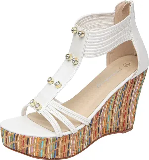 getmorebeauty Women's Wedge Sandals With Pearls Across The Top Platform Sandals High Heels