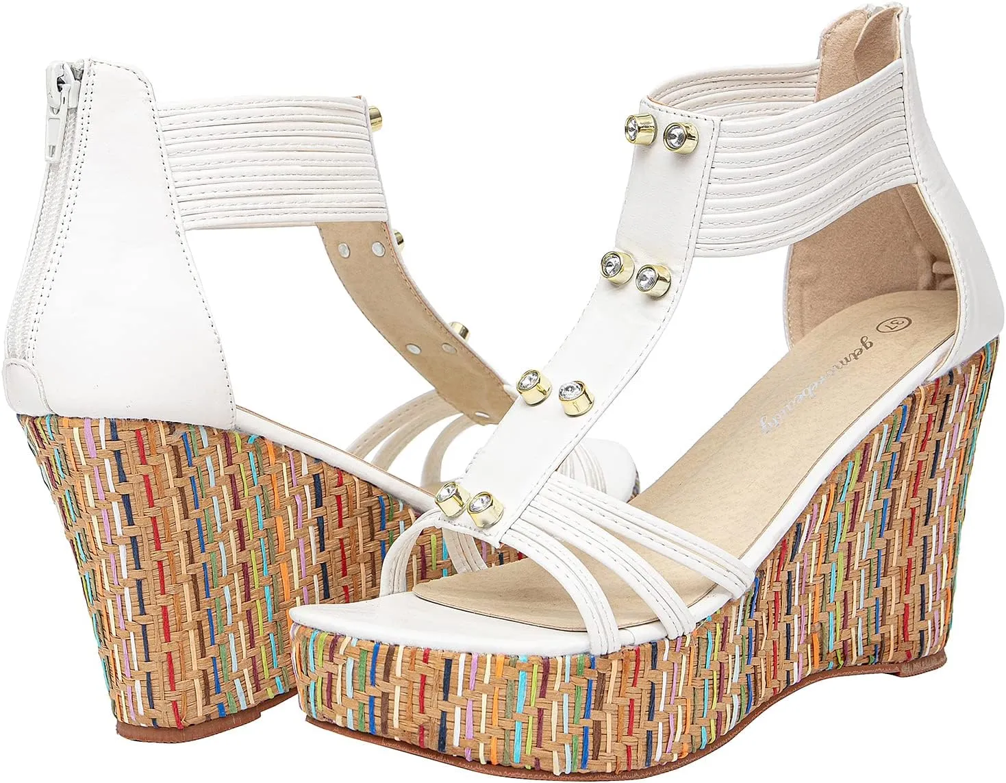 getmorebeauty Women's Wedge Sandals With Pearls Across The Top Platform Sandals High Heels