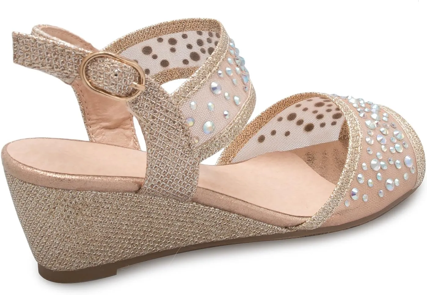 Girl's Peep Toe Rhinestone Ankle Strap with Adjustable Buckle Wedge Sandals - Adorable, Comfort, Casual