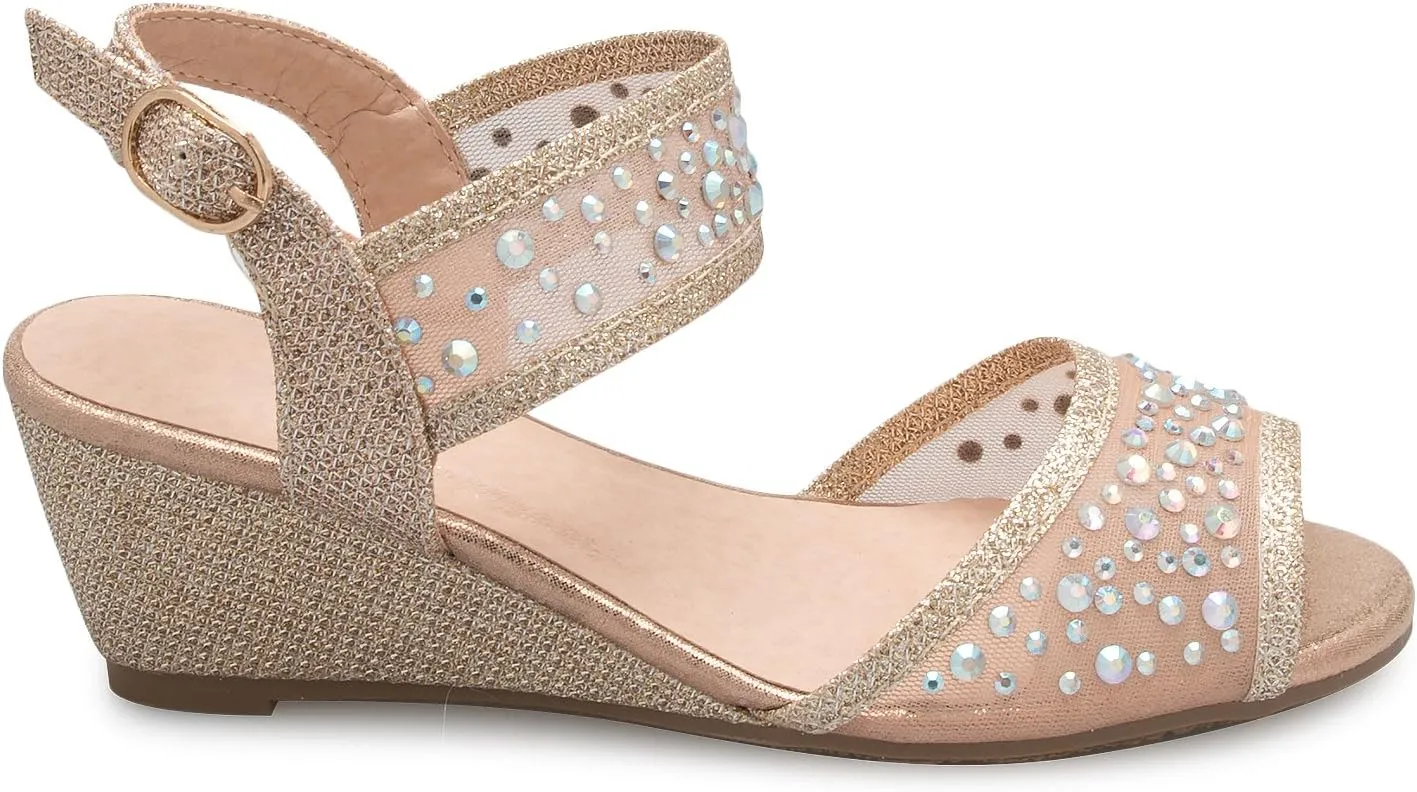 Girl's Peep Toe Rhinestone Ankle Strap with Adjustable Buckle Wedge Sandals - Adorable, Comfort, Casual