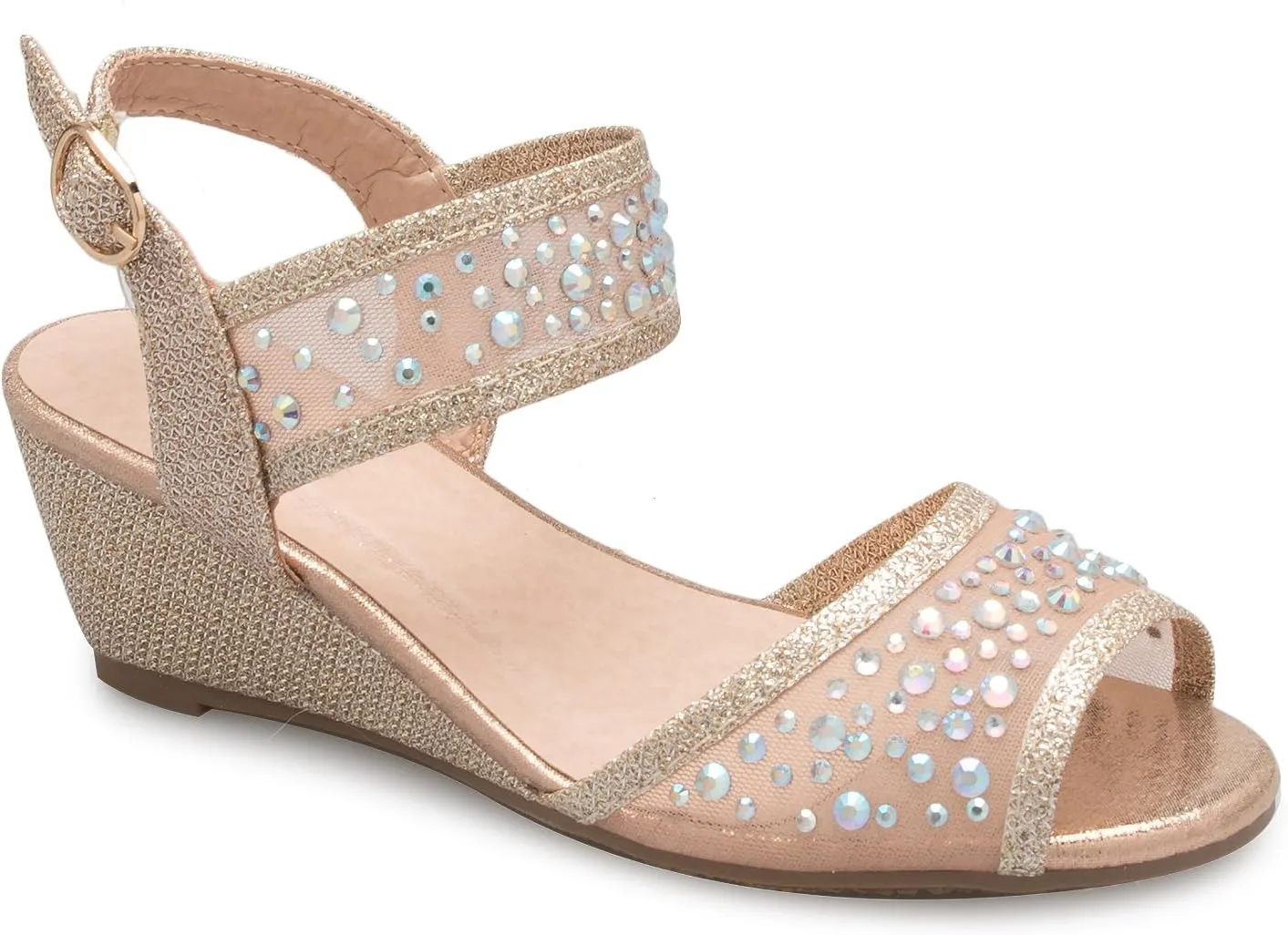 Girl's Peep Toe Rhinestone Ankle Strap with Adjustable Buckle Wedge Sandals - Adorable, Comfort, Casual