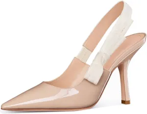 Goolita Pointed Closed Toe Pearl Slingback Heels for Women, Mesh Bow Evening Pump Stiletto High Heels Backless Party Bridal Shoes for Wedding