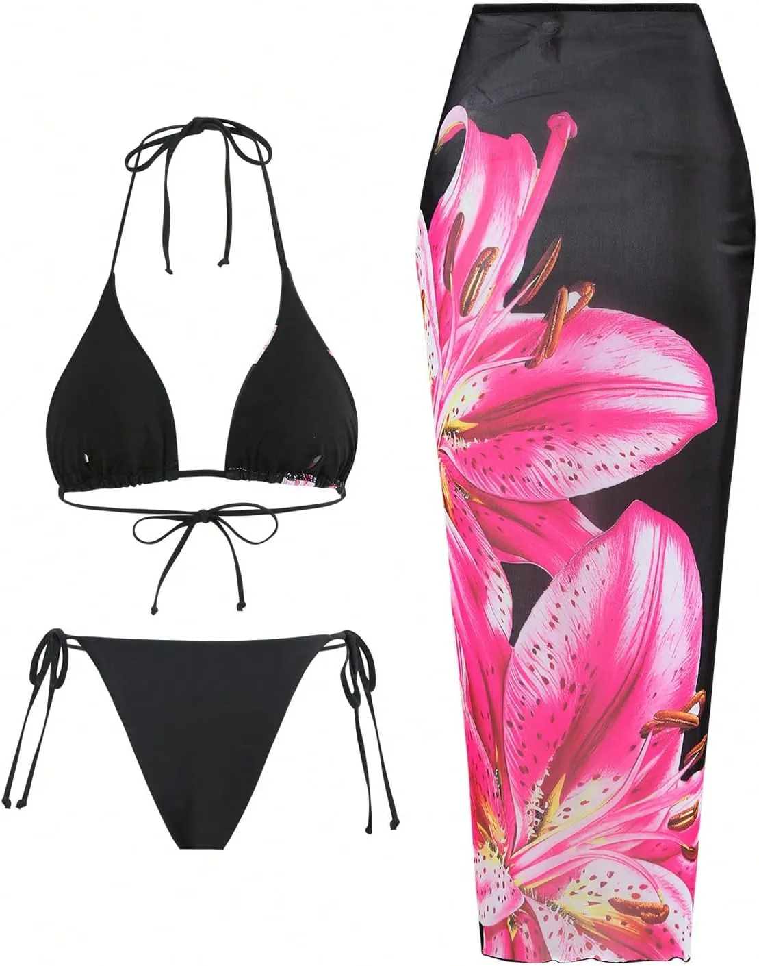 GORGLITTER Women's 3 Piece Swimsuits Floral Print Halter Triangle Tie Side Bikini Set with Cover Up Skirt