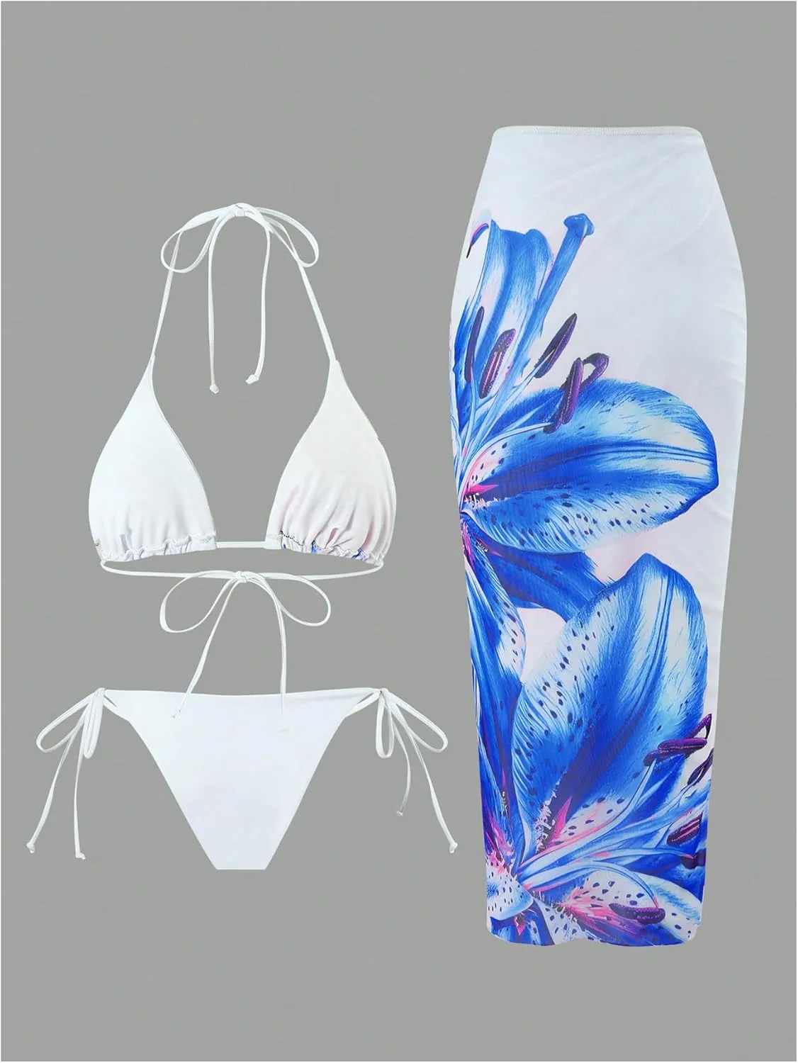 GORGLITTER Women's 3 Piece Swimsuits Floral Print Halter Triangle Tie Side Bikini Set with Cover Up Skirt