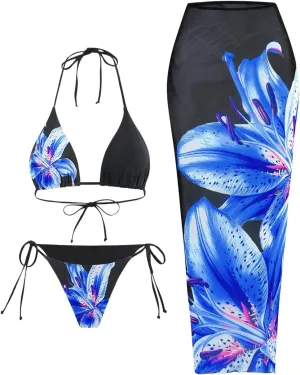 GORGLITTER Women's 3 Piece Swimsuits Floral Print Halter Triangle Tie Side Bikini Set with Cover Up Skirt
