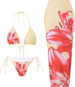 GORGLITTER Women's 3 Piece Swimsuits Floral Print Halter Triangle Tie Side Bikini Set with Cover Up Skirt