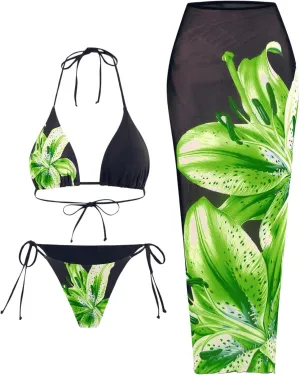 GORGLITTER Women's 3 Piece Swimsuits Floral Print Halter Triangle Tie Side Bikini Set with Cover Up Skirt