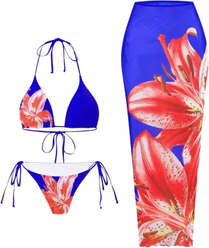 GORGLITTER Women's 3 Piece Swimsuits Floral Print Halter Triangle Tie Side Bikini Set with Cover Up Skirt