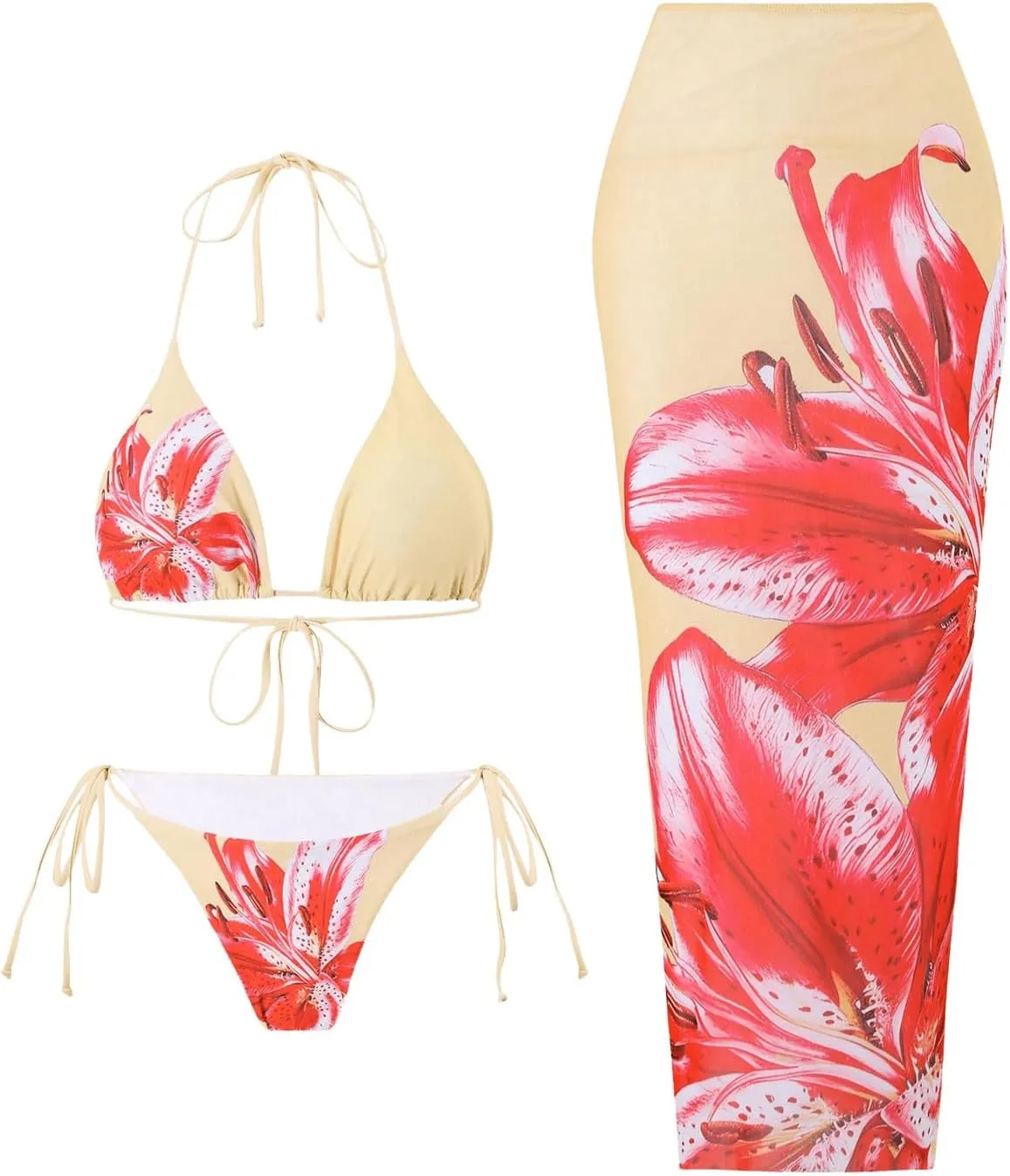 GORGLITTER Women's 3 Piece Swimsuits Floral Print Halter Triangle Tie Side Bikini Set with Cover Up Skirt