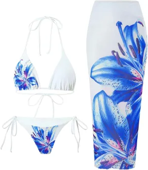 GORGLITTER Women's 3 Piece Swimsuits Floral Print Halter Triangle Tie Side Bikini Set with Cover Up Skirt