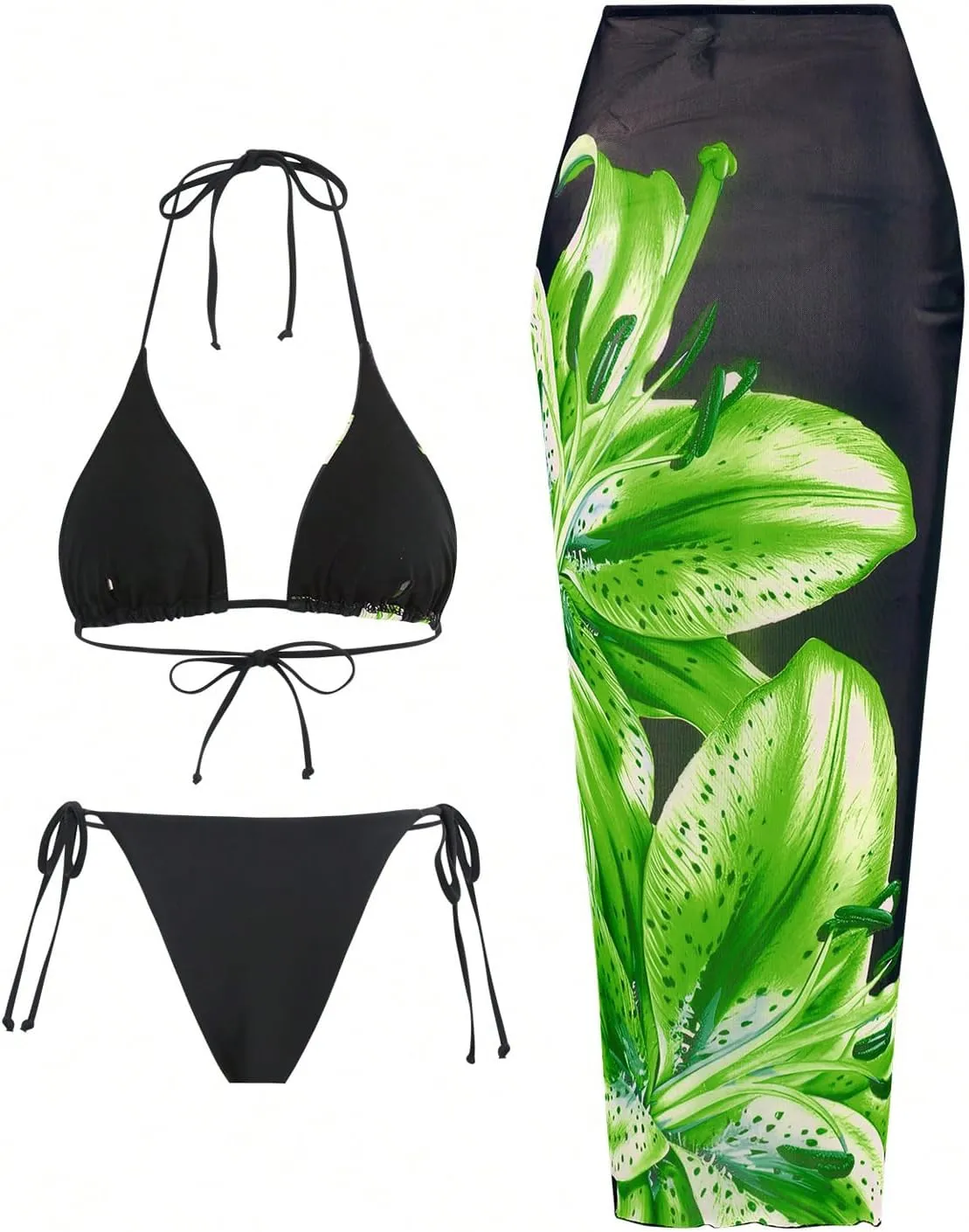 GORGLITTER Women's 3 Piece Swimsuits Floral Print Halter Triangle Tie Side Bikini Set with Cover Up Skirt