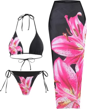 GORGLITTER Women's 3 Piece Swimsuits Floral Print Halter Triangle Tie Side Bikini Set with Cover Up Skirt