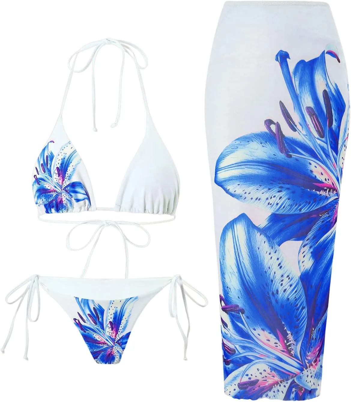 GORGLITTER Women's 3 Piece Swimsuits Floral Print Halter Triangle Tie Side Bikini Set with Cover Up Skirt