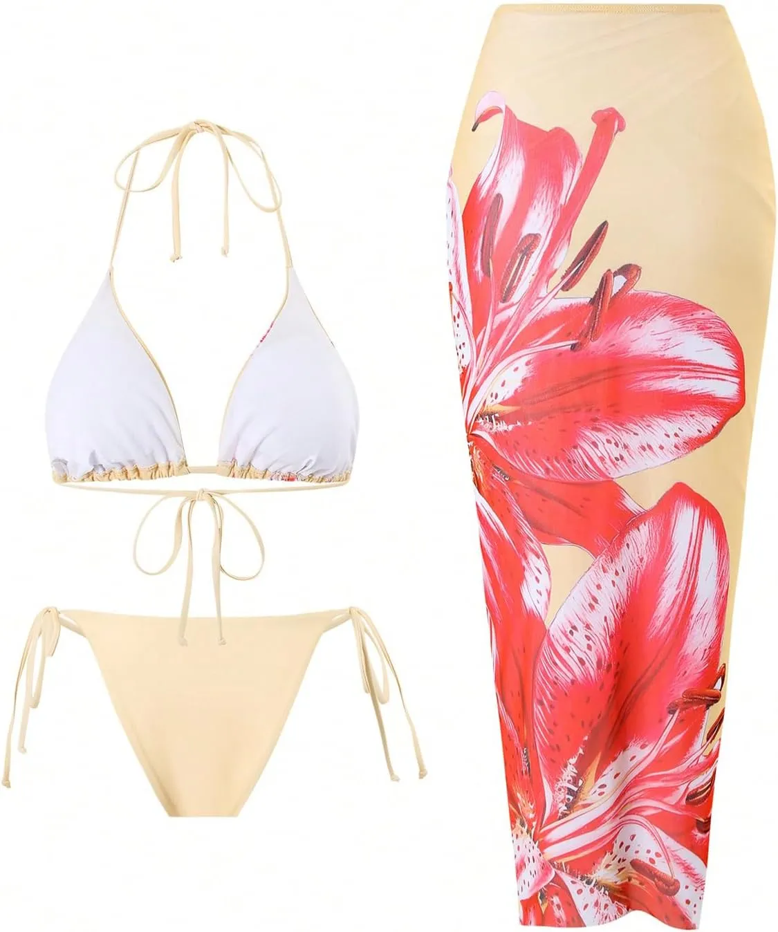 GORGLITTER Women's 3 Piece Swimsuits Floral Print Halter Triangle Tie Side Bikini Set with Cover Up Skirt