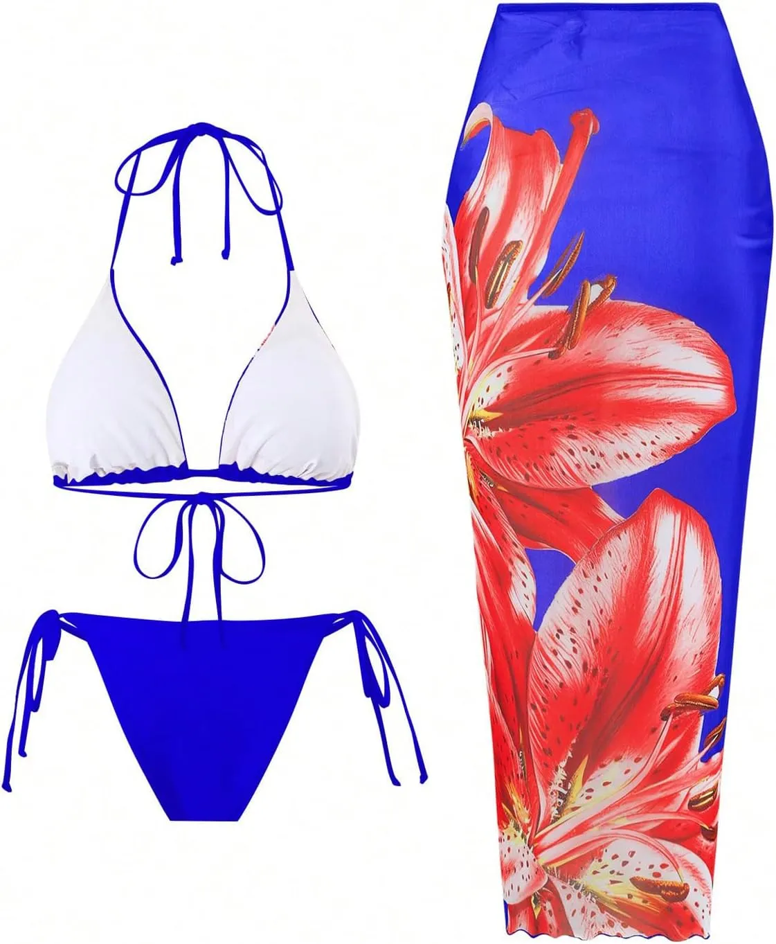 GORGLITTER Women's 3 Piece Swimsuits Floral Print Halter Triangle Tie Side Bikini Set with Cover Up Skirt