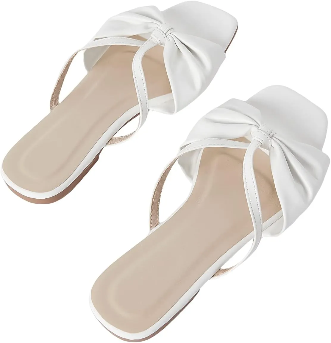GORGLITTER Women's Bow Knot Square Toe Flat Sandals Open Toe Leather Slide Sandals